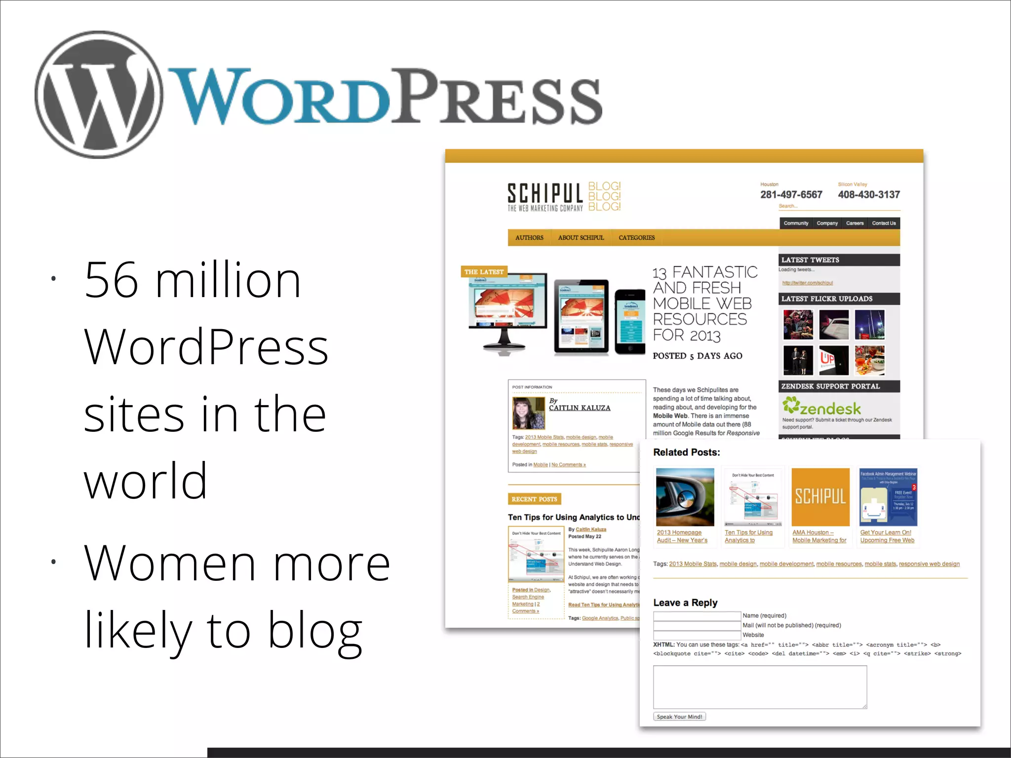• 56 million
WordPress
sites in the
world
• Women more
likely to blog
 