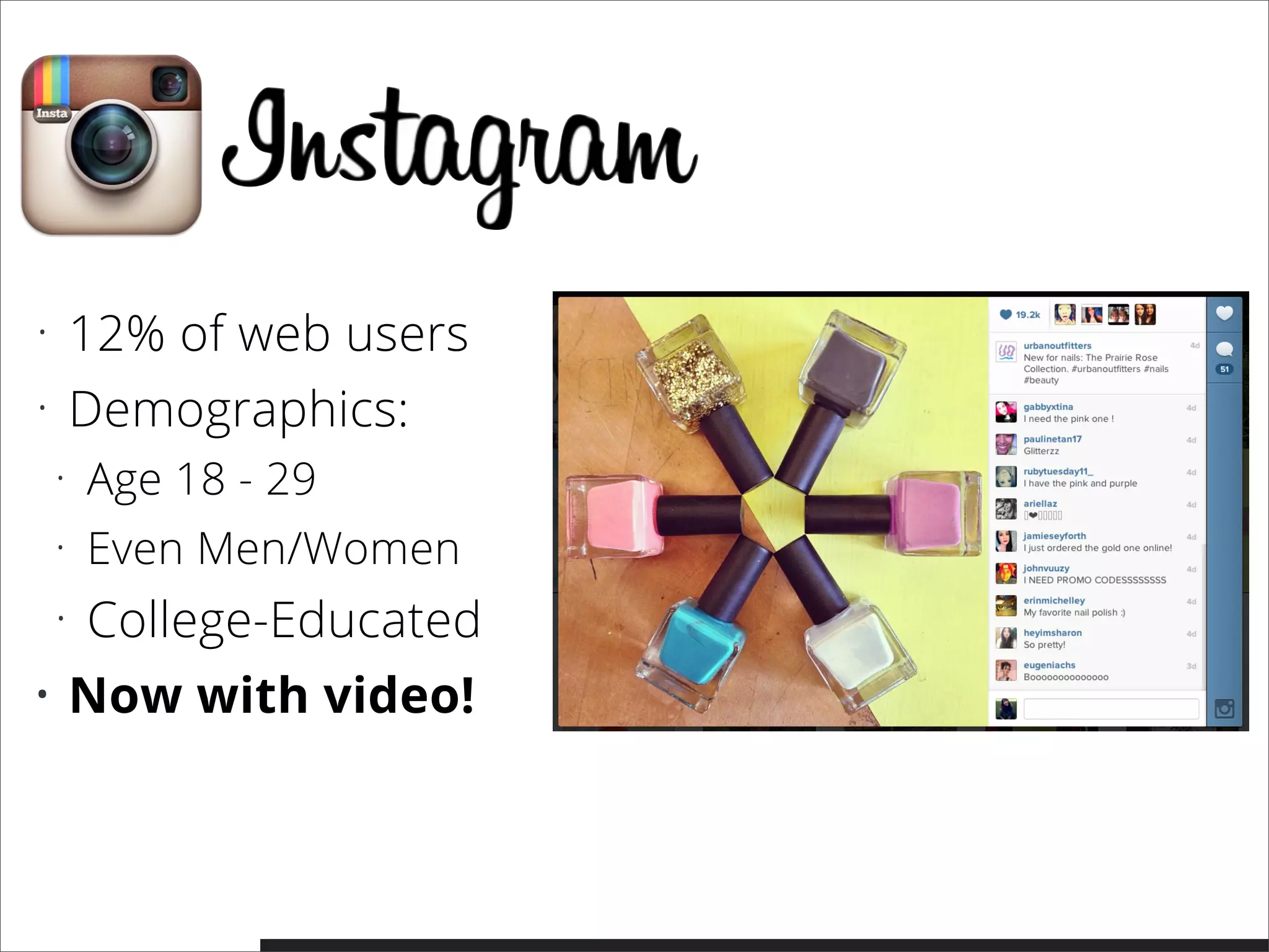 • 12% of web users
• Demographics:
• Age 18 - 29
• Even Men/Women
• College-Educated
• Now with video!
 