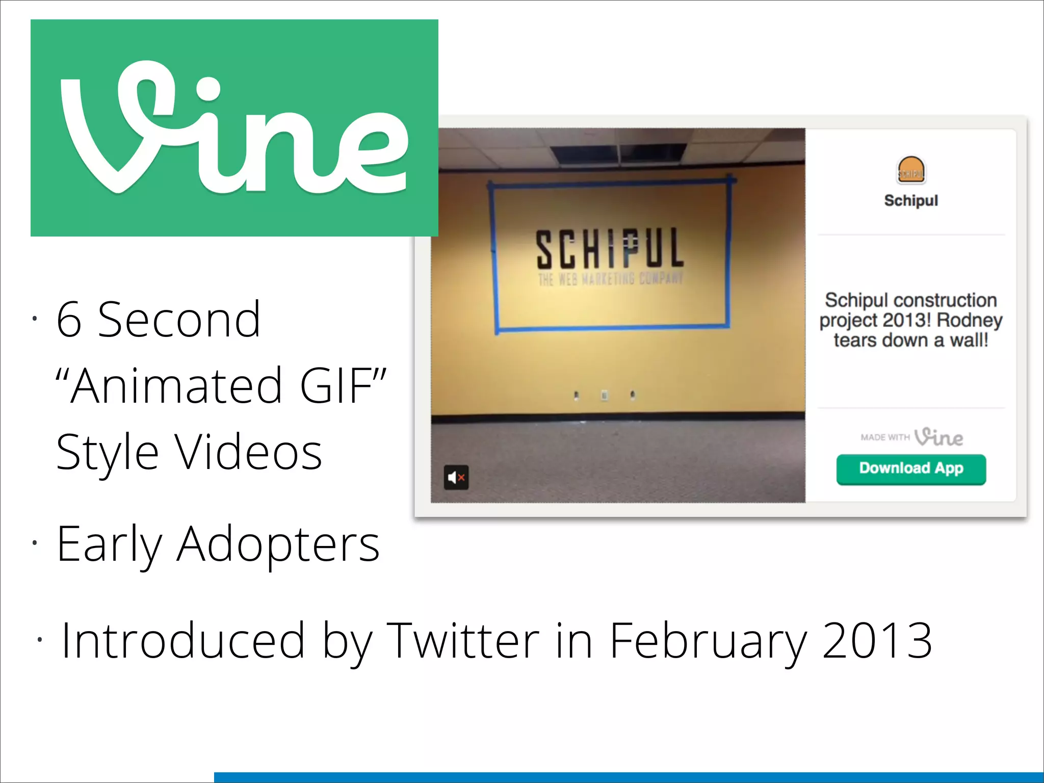 • 6 Second
“Animated GIF”
Style Videos
• Early Adopters
• Introduced by Twitter in February 2013
 