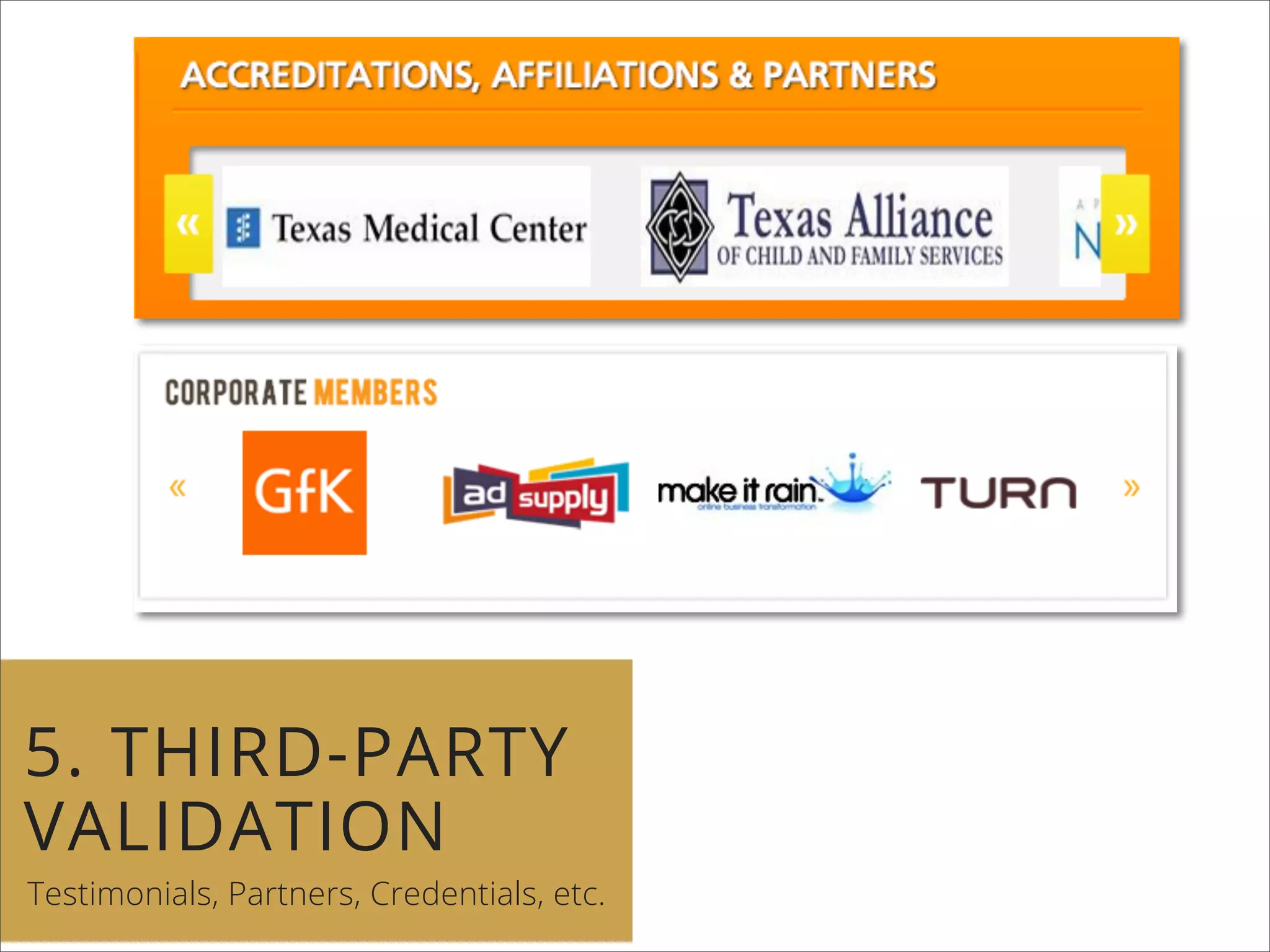 5. THIRD-PARTY
VALIDATION
Testimonials, Partners, Credentials, etc.
 