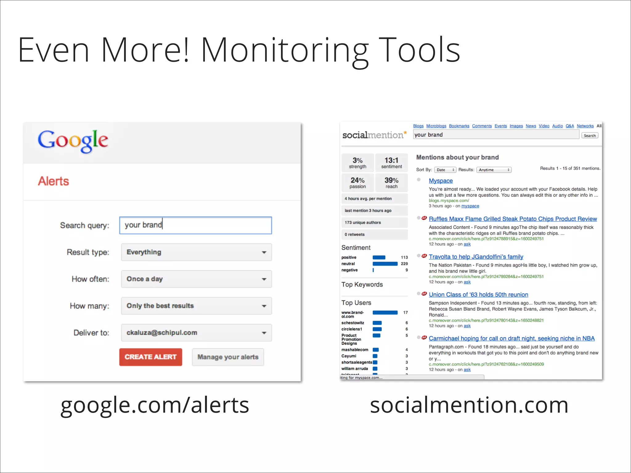 Even More! Monitoring Tools
socialmention.comgoogle.com/alerts
 