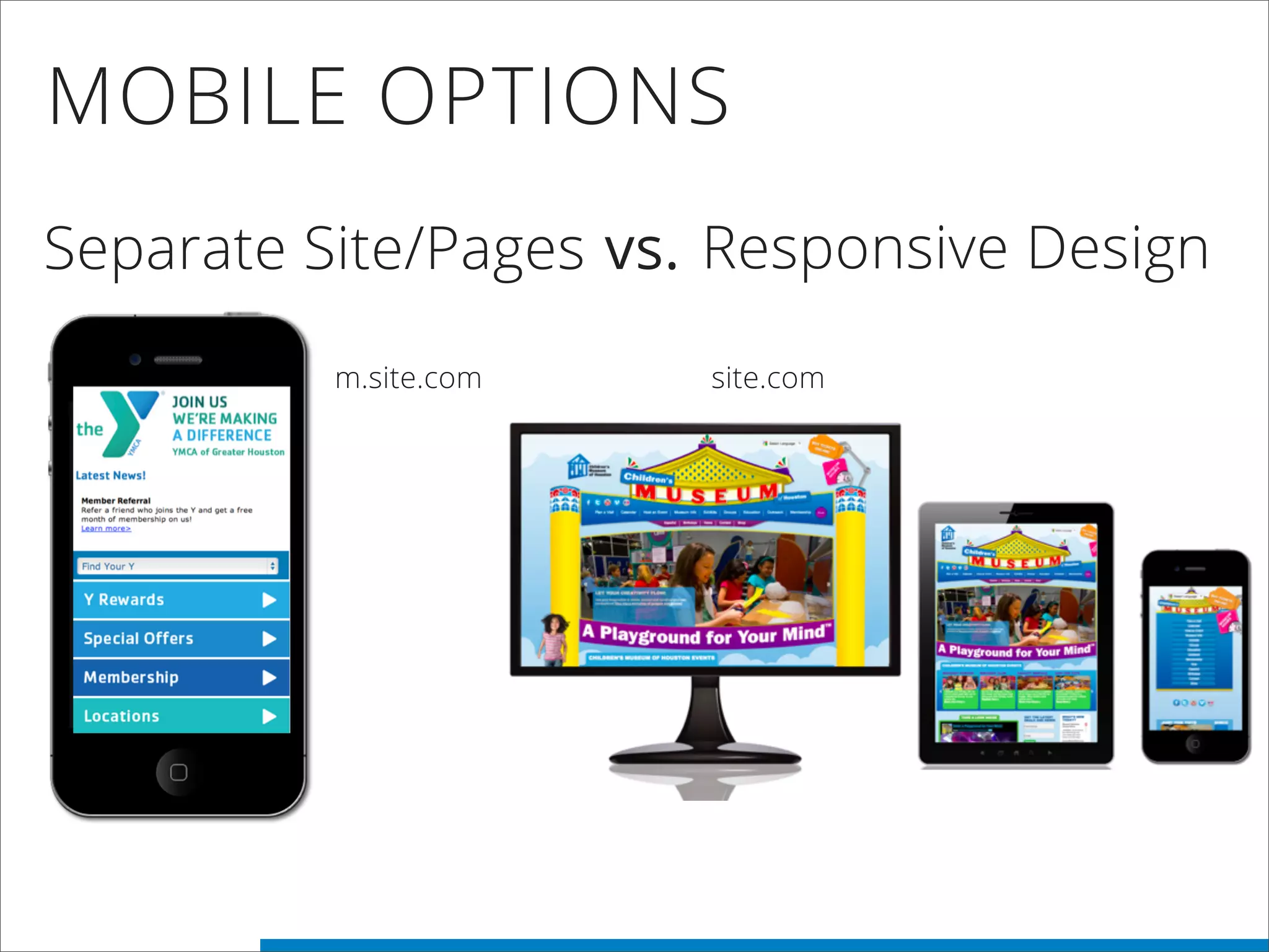 MOBILE OPTIONS
Separate Site/Pages Responsive Designvs.
m.site.com site.com
 