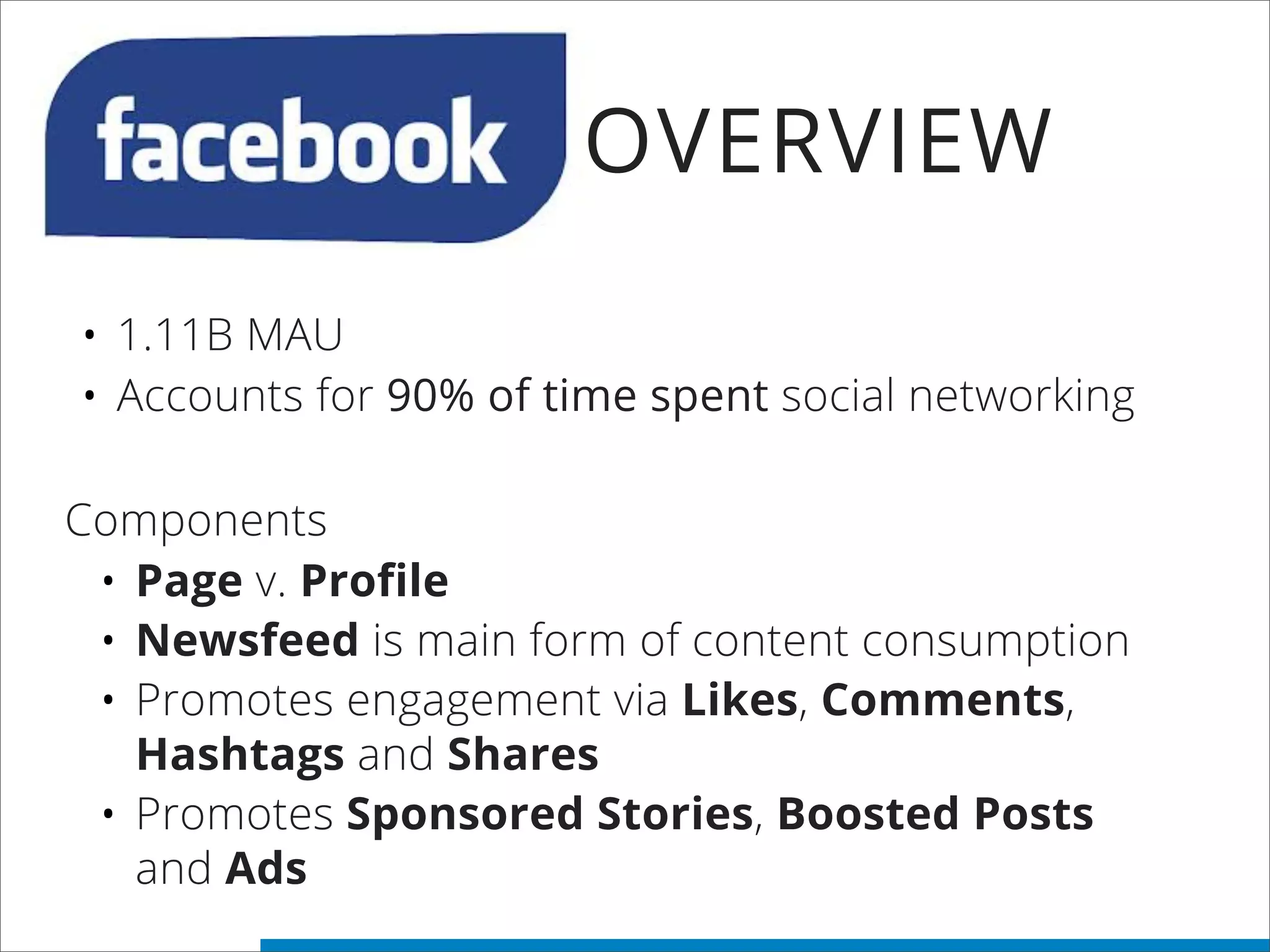 OVERVIEW
• 1.11B MAU
• Accounts for 90% of time spent social networking
Components
• Page v. Profile
• Newsfeed is main form of content consumption
• Promotes engagement via Likes, Comments,
Hashtags and Shares
• Promotes Sponsored Stories, Boosted Posts
and Ads
 