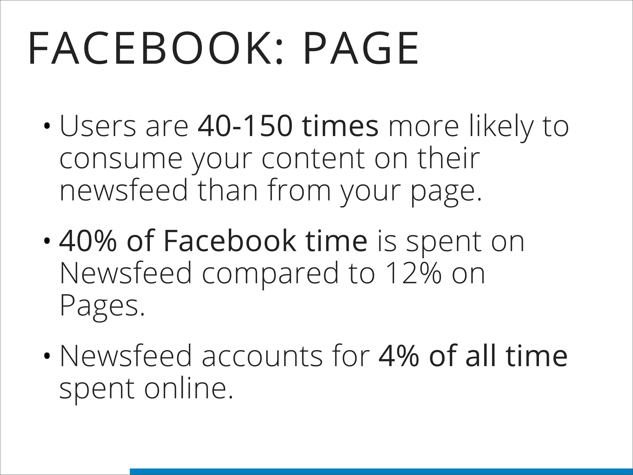 FACEBOOK: PAGE
•Users are 40-150 times more likely to
consume your content on their
newsfeed than from your page.
•40% of Facebook time is spent on
Newsfeed compared to 12% on
Pages.
•Newsfeed accounts for 4% of all time
spent online.
 