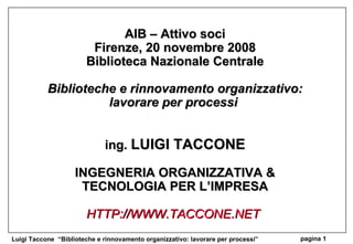 AIB – Attivo soci Firenze, 20 novembre 2008 Biblioteca Nazionale Centrale   Biblioteche e rinnovamento organizzativo: lavorare per processi     ing.  LUIGI TACCONE INGEGNERIA ORGANIZZATIVA & TECNOLOGIA PER L’IMPRESA HTTP://WWW.TACCONE.NET  