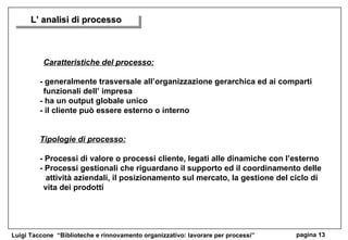 Caratteristiche del processo: - generalmente trasversale all’organizzazione gerarchica ed ai comparti funzionali dell’ impresa - ha un output globale unico - il cliente può essere esterno o interno Tipologie di processo: - Processi di valore o processi cliente, legati alle dinamiche con l’esterno - Processi gestionali che riguardano il supporto ed il coordinamento delle  attività aziendali, il posizionamento sul mercato, la gestione del ciclo di vita dei prodotti L’ analisi di processo 