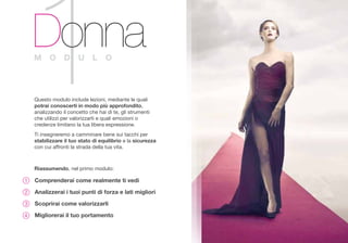 1DonnaM O D U L O
Questo modulo include lezioni, mediante le quali
potrai conoscerti in modo pi approfondito,
analizzando il concetto che hai di te, gli strumenti
che utilizzi per valorizzarti e quali emozioni o
credenze limitano la tua libera espressione.
Ti insegneremo a camminare bene sui tacchi per
stabilizzare il tuo stato di equilibrio e la sicurezza
con cui affronti la strada della tua vita.
Riassumendo, nel primo modulo:
Comprenderai come realmente ti vedi
Analizzerai i tuoi punti di forza e lati migliori
Scoprirai come valorizzarli
Migliorerai il tuo portamento
 