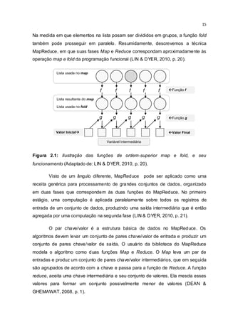 15
Na medida em que elementos na lista posam ser divididos em grupos, a função fold
também pode prosseguir em paralelo. Resumidamente, descrevemos a técnica
MapReduce, em que suas fases Map e Reduce correspondam aproximadamente às
operação map e fold da programação funcional (LIN & DYER, 2010, p. 20).
Figura 2.1: Ilustração das funções de ordem-superior map e fold, e seu
funcionamento (Adaptado de: LIN & DYER, 2010, p. 20).
Visto de um ângulo diferente, MapReduce pode ser aplicado como uma
receita genérica para processamento de grandes conjuntos de dados, organizado
em duas fases que correspondem às duas funções do MapReduce. No primeiro
estágio, uma computação é aplicada paralelamente sobre todos os registros de
entrada de um conjunto de dados, produzindo uma saída intermediária que é então
agregada por uma computação na segunda fase (LIN & DYER, 2010, p. 21).
O par chave/valor é a estrutura básica de dados no MapReduce. Os
algoritmos devem levar um conjunto de pares chave/valor de entrada e produzir um
conjunto de pares chave/valor de saída. O usuário da biblioteca do MapReduce
modela o algoritmo como duas funções Map e Reduce. O Map leva um par de
entradas e produz um conjunto de pares chave/valor intermediários, que em seguida
são agrupados de acordo com a chave e passa para a função de Reduce. A função
reduce, aceita uma chave intermediária e seu conjunto de valores. Ela mescla esses
valores para formar um conjunto possivelmente menor de valores (DEAN &
GHEMAWAT, 2008, p. 1).
f f f f f
g g g g g
Lista usada no map
Lista resultante do map
Lista usada no fold
Valor Inicial Valor Final
Variável Intermediária
Função f
Função g
 