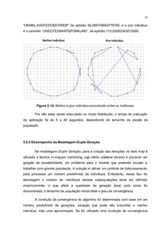 73
“ONMKLJHIGFEDCBATSRQP” de aptidão 59.289708664779766, e o pior indivíduo
é o caminho “JIHSCFEDBARTQPONKLMG”, de aptidão 110.05093343072689.
Figura 5.14: Melhor e pior indivíduo encontrado entre os melhores.
Por não estar sendo executado no modo distribuído, o tempo de execução
da aplicação foi de 5 a 49 segundos, dependendo do tamanho da escala da
população.
5.5.3 Desempenho da Modelagem Dupla Geração
Na modelagem Dupla Geração, para a criação das iterações na fase map é
utilizada a técnica in-mapper combining, cujo efeito colateral danoso é provocar um
gargalo de escalabilidade, um problema para o modelo que pretende escalar e
trabalhar com grande população. A solução é utilizar um controle de balanceamento
para processar um número predefinido de indivíduos. Entretanto, nesse tipo de
abordagem o número de indivíduos dessas subpopulações deve ser definido
empiricamente, o que afeta a qualidade da geração local, pois como foi
demonstrado, o tamanho da população inicial afeta o grau de convergência.
A condição de convergência do algoritmo foi determinada com base em um
número predefinido de gerações, situação que pode não encontrar o melhor
indivíduo, mas uma aproximação. Se for utilizada uma condição de convergência
Melhor Indivíduo Pior Indivíduo
 