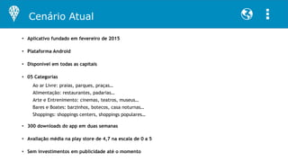 • Aplicativo fundado em fevereiro de 2015
• Plataforma Android
• Disponível em todas as capitais
• 05 Categorias
Ao ar Livre: praias, parques, praças…
Alimentação: restaurantes, padarias…
Arte e Entrenimento: cinemas, teatros, museus…
Bares e Boates: barzinhos, botecos, casa noturnas…
Shoppings: shoppings centers, shoppings populares…
• 300 downloads do app em duas semanas
• Avaliação média na play store de 4,7 na escala de 0 a 5
• Sem investimentos em publicidade até o momento
Cenário Atual
 