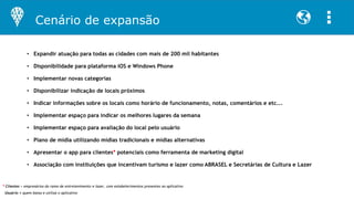 • Expandir atuação para todas as cidades com mais de 200 mil habitantes
• Disponibilidade para plataforma iOS e Windows Phone
• Implementar novas categorias
• Disponibilizar indicação de locais próximos
• Indicar informações sobre os locais como horário de funcionamento, notas, comentários e etc...
• Implementar espaço para indicar os melhores lugares da semana
• Implementar espaço para avaliação do local pelo usuário
• Plano de mídia utilizando mídias tradicionais e mídias alternativas
• Apresentar o app para clientes* potenciais como ferramenta de marketing digital
• Associação com instituições que incentivam turismo e lazer como ABRASEL e Secretárias de Cultura e Lazer
* Clientes = empresários do ramo de entretenimento e lazer, com estabelecimentos presentes no aplicativo
Usuário = quem baixa e utiliza o aplicativo
Cenário de expansão
 