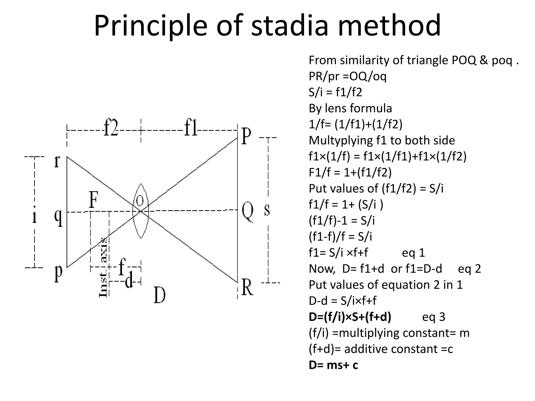 Principle of stadia method
                From similarity of triangle POQ & poq .
                PR/pr =OQ/oq
                S/i = f1/f2
                By lens formula
                1/f= (1/f1)+(1/f2)
                Multyplying f1 to both side
                f1×(1/f) = f1×(1/f1)+f1×(1/f2)
                F1/f = 1+(f1/f2)
                Put values of (f1/f2) = S/i
                f1/f = 1+ (S/i )
                (f1/f)-1 = S/i
                (f1-f)/f = S/i
                f1= S/i ×f+f       eq 1
                Now, D= f1+d or f1=D-d eq 2
                Put values of equation 2 in 1
                D-d = S/i×f+f
                D=(f/i)×S+(f+d)        eq 3
                (f/i) =multiplying constant= m
                (f+d)= additive constant =c
                D= ms+ c
 