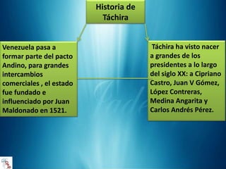 Historia de
Táchira
Venezuela pasa a
formar parte del pacto
Andino, para grandes
intercambios
comerciales , el estado
fue fundado e
influenciado por Juan
Maldonado en 1521.
Táchira ha visto nacer
a grandes de los
presidentes a lo largo
del siglo XX: a Cipriano
Castro, Juan V Gómez,
López Contreras,
Medina Angarita y
Carlos Andrés Pérez.