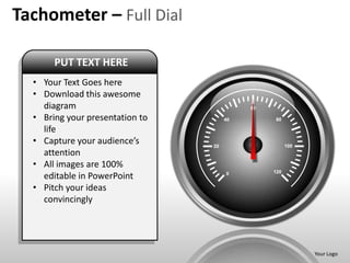 Tachometer – Full Dial

       PUT TEXT HERE
  • Your Text Goes here
  • Download this awesome
    diagram                                60

  • Bring your presentation to        40        80

    life
  • Capture your audience’s      20                   100
    attention
  • All images are 100%
                                                120
    editable in PowerPoint            0


  • Pitch your ideas
    convincingly




                                                            Your Logo
 