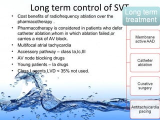 Page 57
Long term control of SVT
• Cost benefits of radiofrequency ablation over the
pharmacotherapy .
• Pharmacotherapy is considered in patients who defer
catheter ablation,whom in which ablation failed,or
carries a risk of AV block.
• Multifocal atrial tachycardia
• Accessory pathway – class Ia,Ic,III
• AV node blocking drugs
• Young patients – Ia drugs
• Class I agents LVD < 35% not used.
 