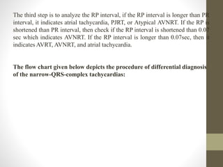 The third step is to analyze the RP interval, if the RP interval is longer than PR
interval, it indicates atrial tachycardia, PJRT, or Atypical AVNRT. If the RP is
shortened than PR interval, then check if the RP interval is shortened than 0.07
sec which indicates AVNRT. If the RP interval is longer than 0.07sec, then it
indicates AVRT, AVNRT, and atrial tachycardia.
The flow chart given below depicts the procedure of differential diagnosis
of the narrow-QRS-complex tachycardias:
 