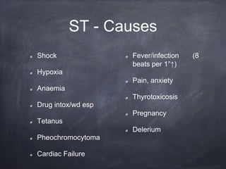 Shock
Hypoxia
Anaemia
Drug intox/wd esp
Tetanus
Pheochromocytoma
Cardiac Failure
Fever/infection (8
beats per 1°↑)
Pain, anxiety
Thyrotoxicosis
Pregnancy
Delerium
ST - Causes
 