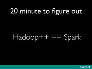 20 minute to figure out 
Hadoop++ == Spark 
 