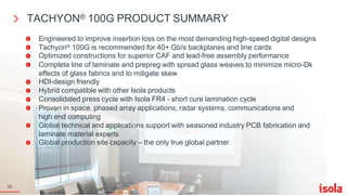 TACHYON® 100G PRODUCT SUMMARY
33
Engineered to improve insertion loss on the most demanding high-speed digital designs
Tachyon® 100G is recommended for 40+ Gb/s backplanes and line cards
Optimized constructions for superior CAF and lead-free assembly performance
Complete line of laminate and prepreg with spread glass weaves to minimize micro-Dk
effects of glass fabrics and to mitigate skew
HDI-design friendly
Hybrid compatible with other Isola products
Consolidated press cycle with Isola FR4 - short cure lamination cycle
Proven in space, phased array applications, radar systems, communications and
high end computing
Global technical and applications support with seasoned industry PCB fabrication and
laminate material experts
Global production site capacity – the only true global partner
 