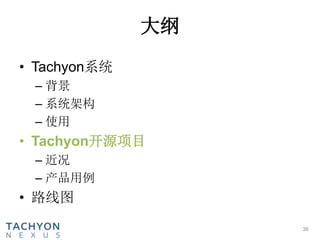 大纲
• Tachyon系统
– 背景
– 系统架构
– 使用
• Tachyon开源项目
– 近况
– 产品用例
• 路线图
36
 