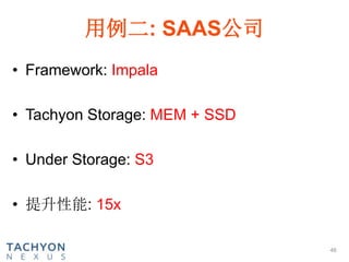 用例二: SAAS公司
• Framework: Impala
• Tachyon Storage: MEM + SSD
• Under Storage: S3
• 提升性能: 15x
46
 