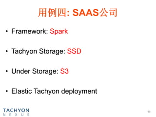 用例四: SAAS公司
• Framework: Spark
• Tachyon Storage: SSD
• Under Storage: S3
• Elastic Tachyon deployment
48
 