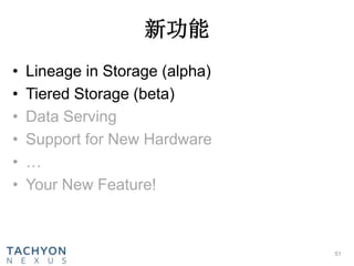 新功能
• Lineage in Storage (alpha)
• Tiered Storage (beta)
• Data Serving
• Support for New Hardware
• …
• Your New Feature!
51
 