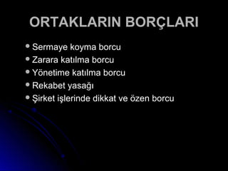 Sermaye koyma borcuSermaye koyma borcu
Zarara katılma borcuZarara katılma borcu
Yönetime katılma borcuYönetime katılma borcu
Rekabet yasağıRekabet yasağı
Şirket işlerinde dikkat ve özen borcuŞirket işlerinde dikkat ve özen borcu
ORTAKLARIN BORÇLARIORTAKLARIN BORÇLARI
 