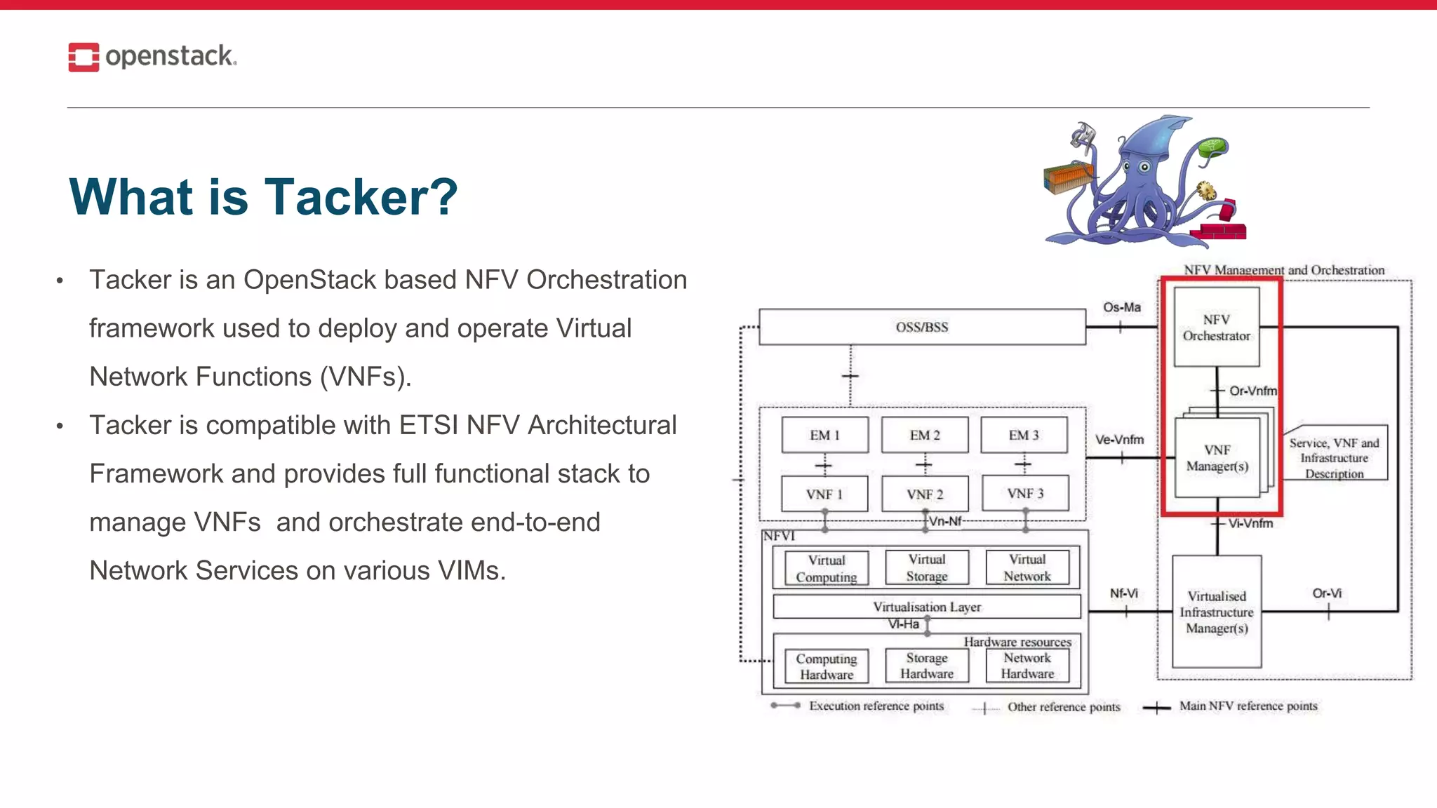 What is Tacker?
• Tacker is an OpenStack based NFV Orchestration
framework used to deploy and operate Virtual
Network Functions (VNFs).
• Tacker is compatible with ETSI NFV Architectural
Framework and provides full functional stack to
manage VNFs and orchestrate end-to-end
Network Services on various VIMs.
 