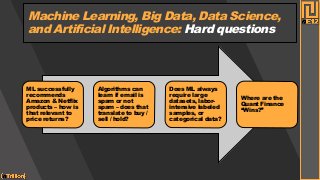 Machine Learning, Big Data, Data Science,
and Artificial Intelligence: Hard questions
ML successfully
recommends
Amazon & ...