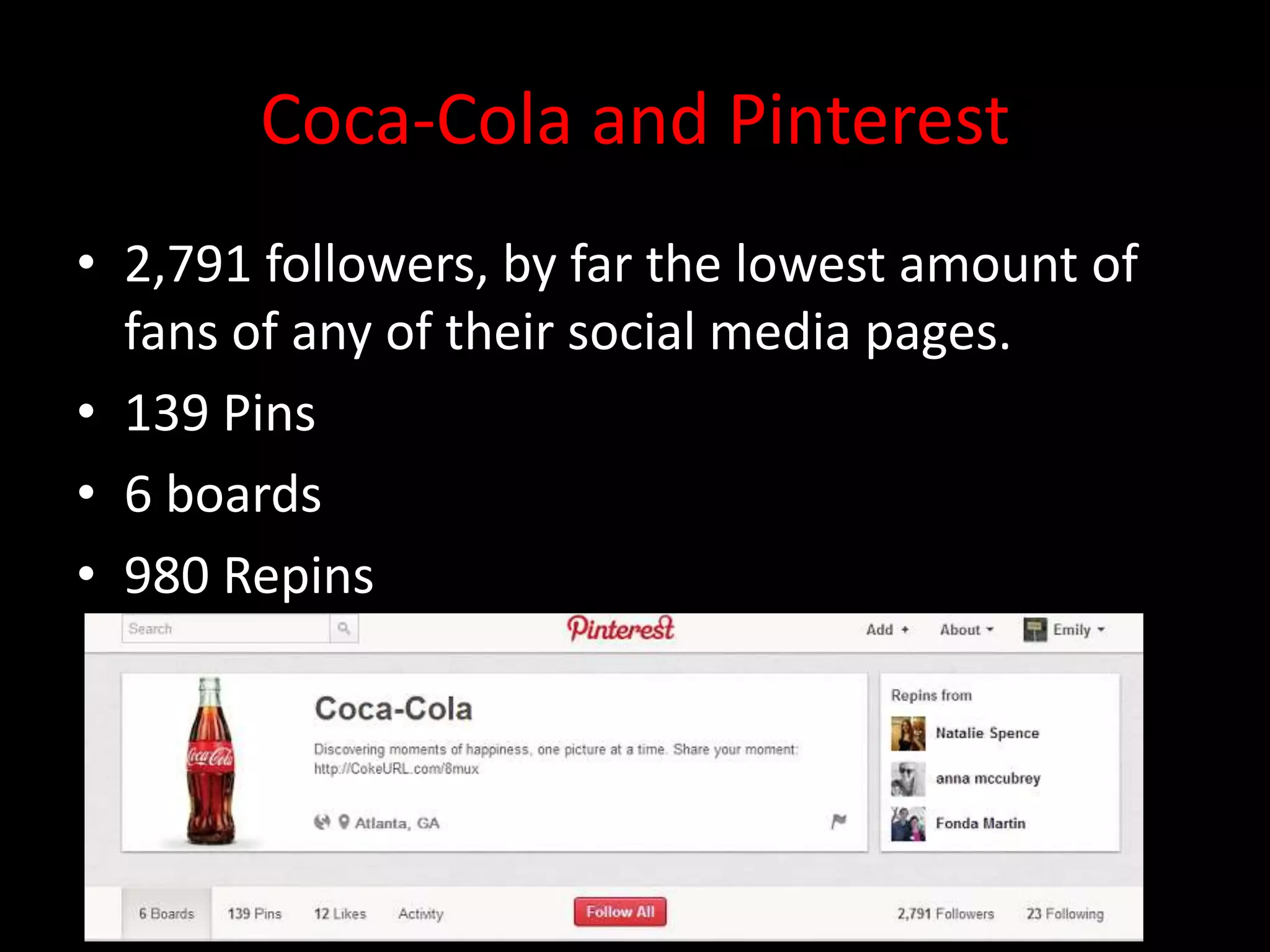 Coca-Cola and Pinterest
• 2,791 followers, by far the lowest amount of
  fans of any of their social media pages.
• 139 Pins
• 6 boards
• 980 Repins
 