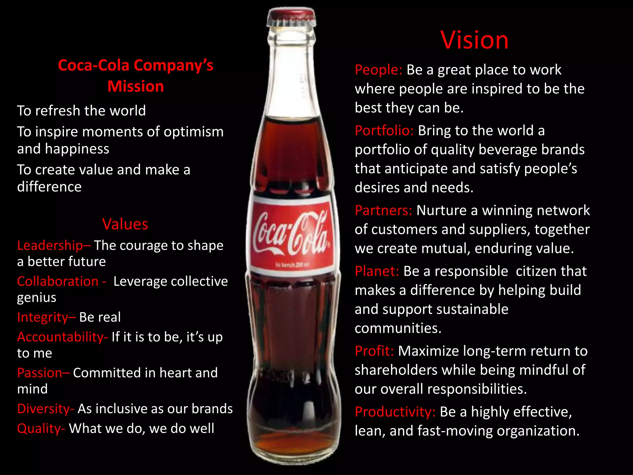 Vision
       Coca-Cola Company’s                People: Be a great place to work
             Mission                      where people are inspired to be the
To refresh the world                      best they can be.
To inspire moments of optimism            Portfolio: Bring to the world a
and happiness                             portfolio of quality beverage brands
To create value and make a                that anticipate and satisfy people’s
difference                                desires and needs.
                                          Partners: Nurture a winning network
               Values                     of customers and suppliers, together
Leadership– The courage to shape          we create mutual, enduring value.
a better future
                                          Planet: Be a responsible citizen that
Collaboration - Leverage collective
genius                                    makes a difference by helping build
Integrity– Be real
                                          and support sustainable
                                          communities.
Accountability- If it is to be, it’s up
to me                                     Profit: Maximize long-term return to
Passion– Committed in heart and           shareholders while being mindful of
mind                                      our overall responsibilities.
Diversity- As inclusive as our brands     Productivity: Be a highly effective,
Quality- What we do, we do well           lean, and fast-moving organization.
 