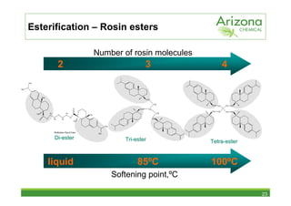 Esterification – Rosin esters

                                                                    Number of rosin molecules
                                      2                                                         3                              4
      CH3


H3C



                  CH3
                                                                                                CO O

                                                                                                        C H2
                                                                                                                  COO   H2C        CH2 OOC

                                                        O                                 COO      CH                          C
                                                                                                                  COO    H2C       CH2   OOC
            H3C             H2                 H2                                                           CH2
                            C         O        C              CH3
                  C
                                 C        C         O
                        O        H2       H2                                                            OOC
              O
                                                        H3C


                                                                           CH3


                                 Diethylene Glycol Ester             H3C


                                 Di-ester                                                  Glycerol Ester
                                                                                    Tri-ester                     Tetra-ester
                                                                                                                    Rosin Pentaerythritol Ester




                        liquid                                                           85ºC                     100ºC
                                                                                 Softening point,ºC

                                                                                                                                                  23
 