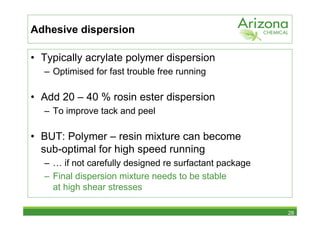 Adhesive dispersion

• Typically acrylate polymer dispersion
  – Optimised for fast trouble free running

• Add 20 – 40 % rosin ester dispersion
  – To improve tack and peel

• BUT: Polymer – resin mixture can become
  sub-optimal for high speed running
  – … if not carefully designed re surfactant package
  – Final dispersion mixture needs to be stable
    at high shear stresses

                                                        28
 