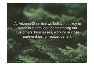 At Arizona Chemical we believe the key to
  success is through understanding our
 customers’ businesses, working in close
      partnerships for mutual benefit.




                                            3
 