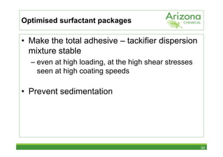 Optimised surfactant packages

• Make the total adhesive – tackifier dispersion
  mixture stable
  – even at high loading, at the high shear stresses
    seen at high coating speeds

• Prevent sedimentation




                                                       30
 