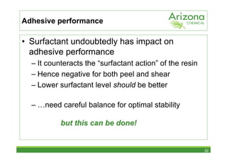 Adhesive performance

• Surfactant undoubtedly has impact on
  adhesive performance
  – It counteracts the “surfactant action” of the resin
  – Hence negative for both peel and shear
  – Lower surfactant level should be better

  – …need careful balance for optimal stability

           but this can be done!


                                                          32
 