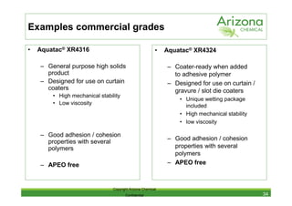 Examples commercial grades

•   Aquatac® XR4316                                      •   Aquatac® XR4324

    – General purpose high solids                            – Coater-ready when added
      product                                                  to adhesive polymer
    – Designed for use on curtain                            – Designed for use on curtain /
      coaters                                                  gravure / slot die coaters
        • High mechanical stability
                                                                 • Unique wetting package
        • Low viscosity                                            included
                                                                 • High mechanical stability
                                                                 • low viscosity

    – Good adhesion / cohesion
                                                             – Good adhesion / cohesion
      properties with several
      polymers                                                 properties with several
                                                               polymers
    – APEO free                                              – APEO free



                                Copyright Arizona Chemical
                                       Confidential                                            34
 