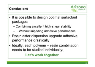 Conclusions

• It is possible to design optimal surfactant
  packages
  – Combining excellent high shear stability
  – …Without impeding adhesive performance
• Rosin ester dispersion upgrade adhesive
  performance drastically
• Ideally, each polymer – resin combination
  needs to be studied individually:
           Let’s work together

                                                36
 