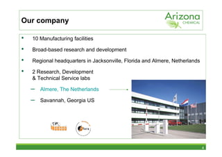 Our company

•   10 Manufacturing facilities

•   Broad-based research and development

•   Regional headquarters in Jacksonville, Florida and Almere, Netherlands

•   2 Research, Development
    & Technical Service labs

    –   Almere, The Netherlands

    –   Savannah, Georgia US




                                                                             4
 