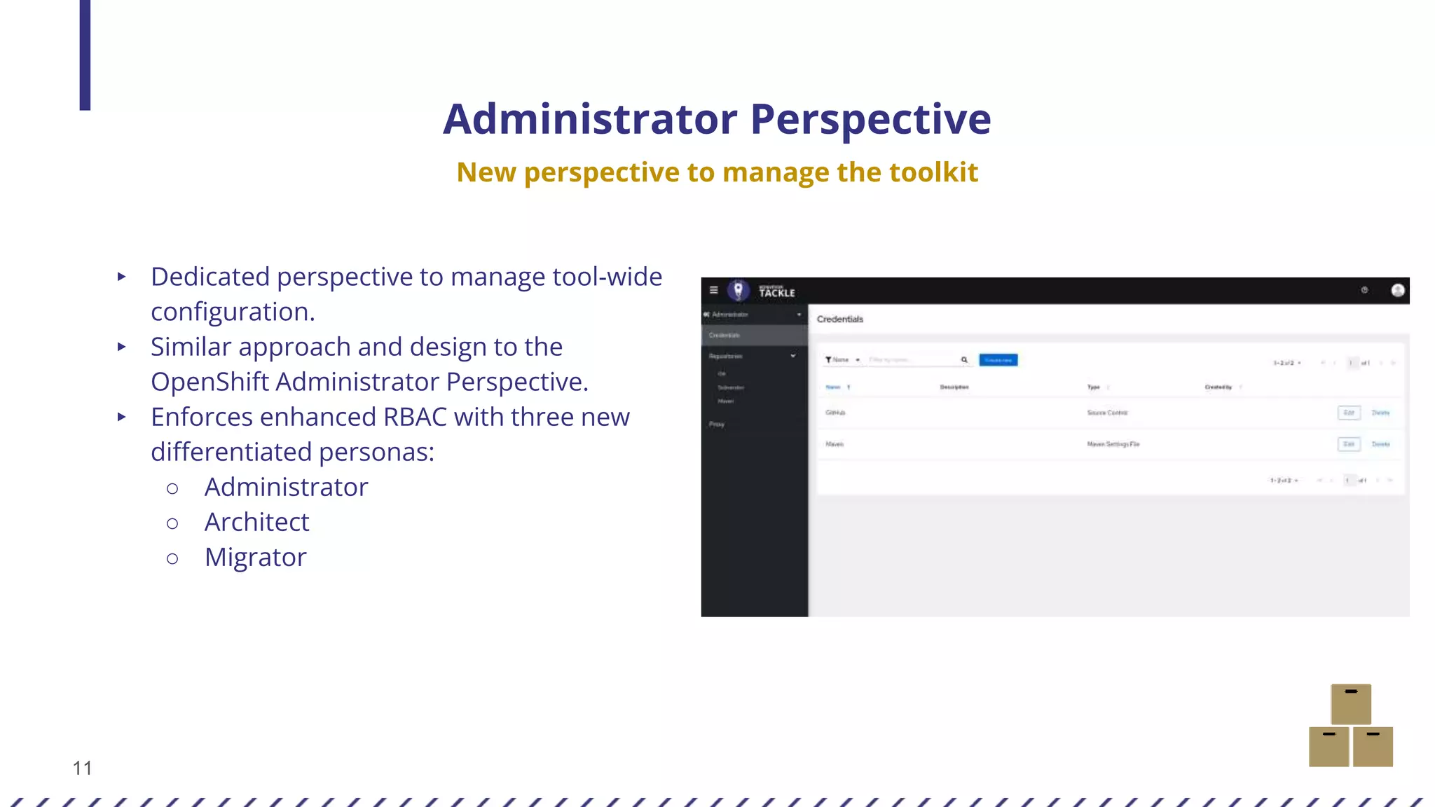 11
Administrator Perspective
New perspective to manage the toolkit
▸ Dedicated perspective to manage tool-wide
configuration.
▸ Similar approach and design to the
OpenShift Administrator Perspective.
▸ Enforces enhanced RBAC with three new
differentiated personas:
○ Administrator
○ Architect
○ Migrator
 
