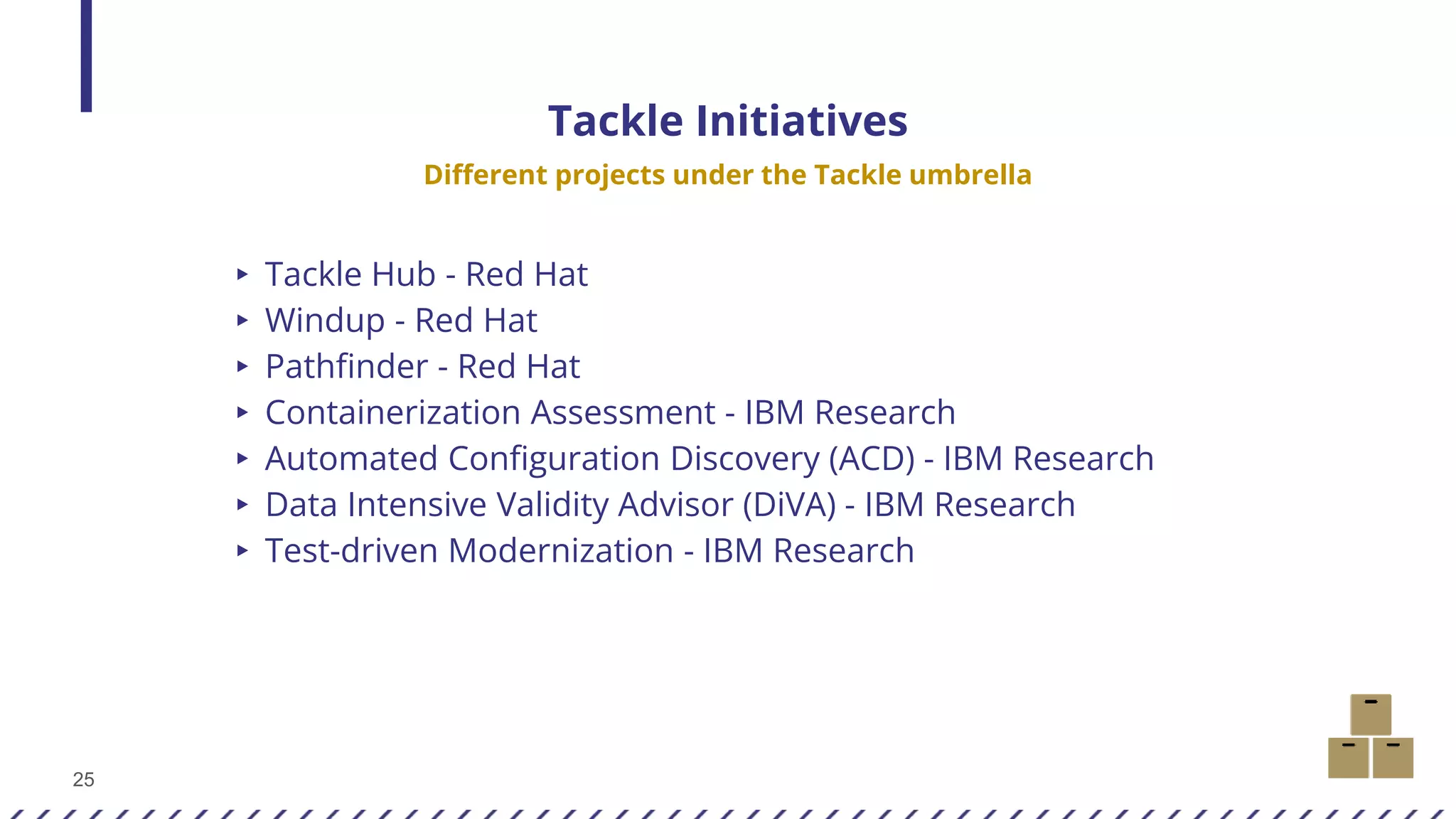 25
Tackle Initiatives
Different projects under the Tackle umbrella
▸ Tackle Hub - Red Hat
▸ Windup - Red Hat
▸ Pathfinder - Red Hat
▸ Containerization Assessment - IBM Research
▸ Automated Configuration Discovery (ACD) - IBM Research
▸ Data Intensive Validity Advisor (DiVA) - IBM Research
▸ Test-driven Modernization - IBM Research
 