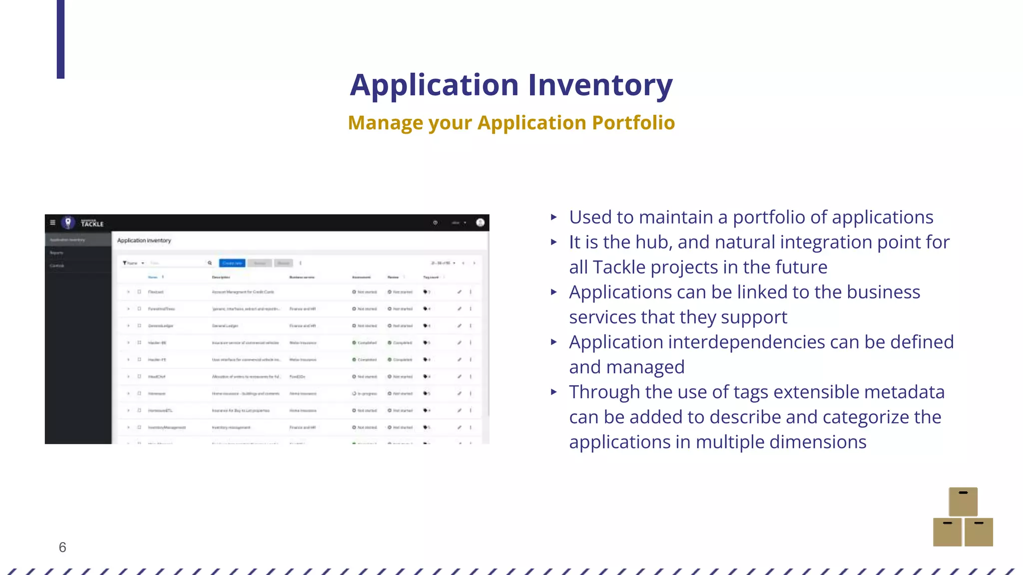 6
Application Inventory
Manage your Application Portfolio
▸ Used to maintain a portfolio of applications
▸ It is the hub, and natural integration point for
all Tackle projects in the future
▸ Applications can be linked to the business
services that they support
▸ Application interdependencies can be defined
and managed
▸ Through the use of tags extensible metadata
can be added to describe and categorize the
applications in multiple dimensions
 
