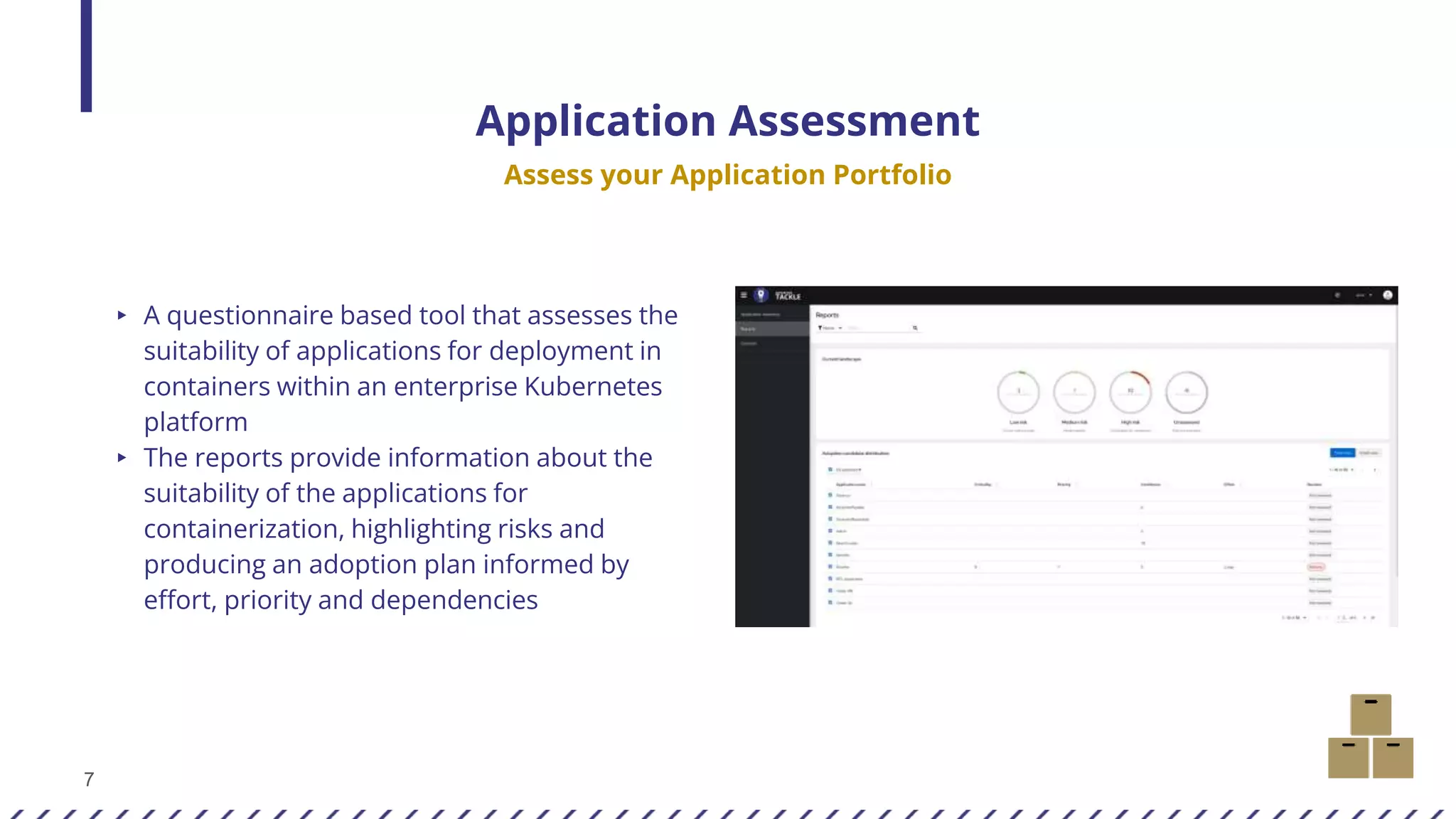 7
Application Assessment
Assess your Application Portfolio
▸ A questionnaire based tool that assesses the
suitability of applications for deployment in
containers within an enterprise Kubernetes
platform
▸ The reports provide information about the
suitability of the applications for
containerization, highlighting risks and
producing an adoption plan informed by
effort, priority and dependencies
 