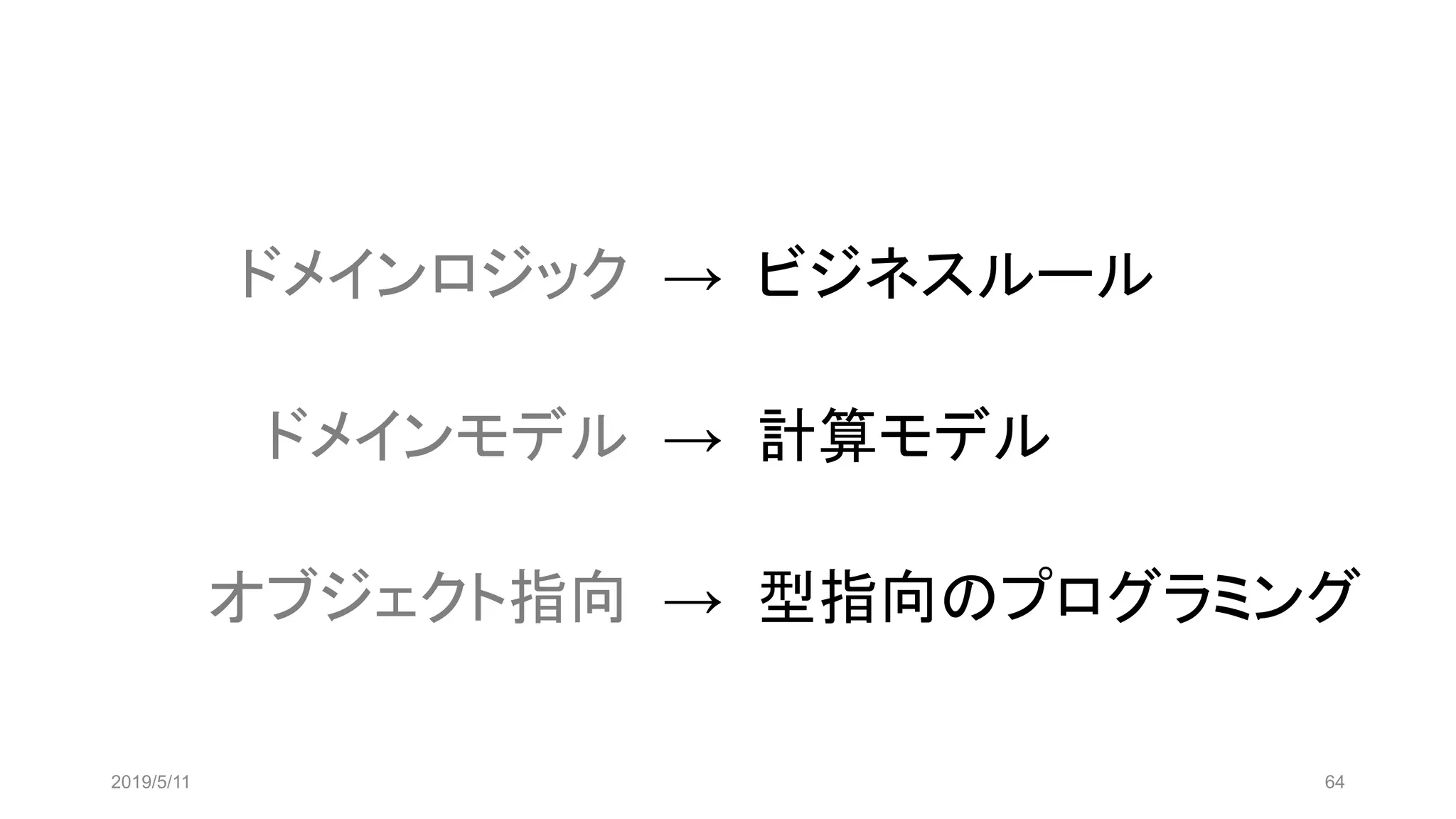 2019/5/11 64
ドメインロジック → ビジネスルール
ドメインモデル → 計算モデル
オブジェクト指向 → 型指向のプログラミング
 