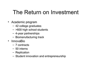 The Return on Investment  Academic program 42 college graduates >600 high school students 4-year partnerships  Biomanufacturing track InnovaBio 7 contracts 50 interns Replication Student innovation and entrepreneurship 