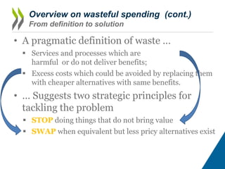 Overview on wasteful spending (cont.)
From definition to solution
• A pragmatic definition of waste …
 Services and proce...