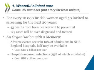 1. Wasteful clinical care
Some UK numbers (but story far from unique)
• For every 10 000 British women aged 50 invited to
...