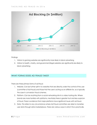 T A C K L I N G A D F R A U D I N 2 0 1 6
5 | P a g e w w w . 9 m e d i a o n l i n e . c o m
Findings:
1. Visitors to gaming websites are significantly more likely to block advertising
2. Visitors to health, charity, and government/legal websites are significantly less likely to
block advertising.
WHAT FORMS DOES AD FRAUD TAKE?
There are three primary forms of ad fraud
1. Website. Can be further split in to websites that are directly under the control of the user
(committer of Ad Fraud) and those that the user is acting as an affiliate for, as is typically
the case in conversion fraud schemes.
2. Platform. Can be anything from a social networking site to a video hosting site. Where
brands are more familiar with platforms, inevitably there is greater trust and less suspicion
of fraud. There is evidence that major platforms have significant issues with ad fraud.
3. Data. This refers to any circumstance where Ad Fraud committers are able to monetize
user data through data marketplaces. There are various ways in which this is practically
21
30
39
54
121
181
JAN-10 JAN-11 JAN-12 JAN-13 JAN-14 JAN-15
Ad Blocking (in $million)
Ad Blocking (in $million)
 