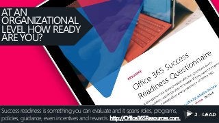 Success readiness is something you can evaluate and it spans roles, programs,
policies, guidance, even incentives and rewards. http://Office365Resources.com.
AT AN
ORGANIZATIONAL
LEVEL HOW READY
ARE YOU?
 